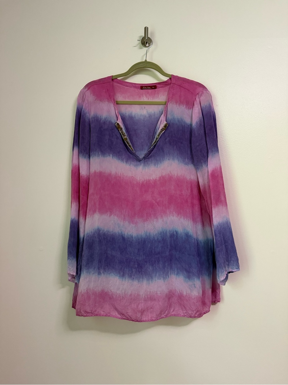 Barbara Lesser Pink and Blue Tie Dye V-Neck Blouse Sequin Trim XL